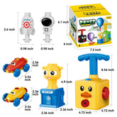 Colorful toy balloon pump set with cartoon car and astronaut shapes, plastic material, kids STEM play.