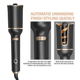 Black automatic hair curler with gold accents and digital controls, showing curling process