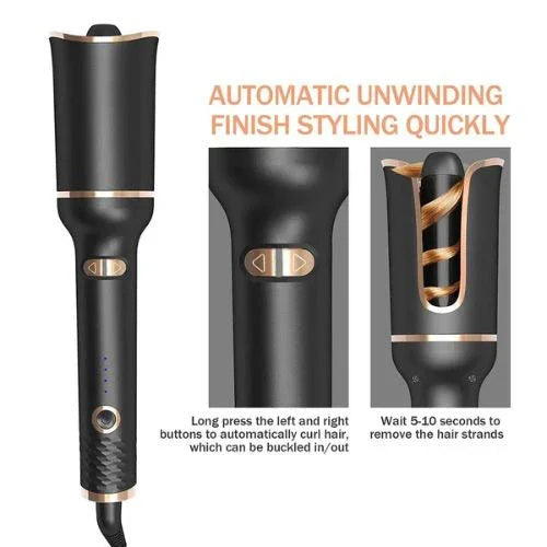 Black automatic hair curler with gold accents and digital controls, showing curling process