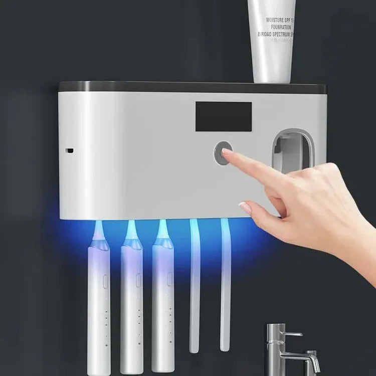 Wall-mounted toothbrush sanitizer with UV light, holding electric toothbrushes, modern bathroom design.