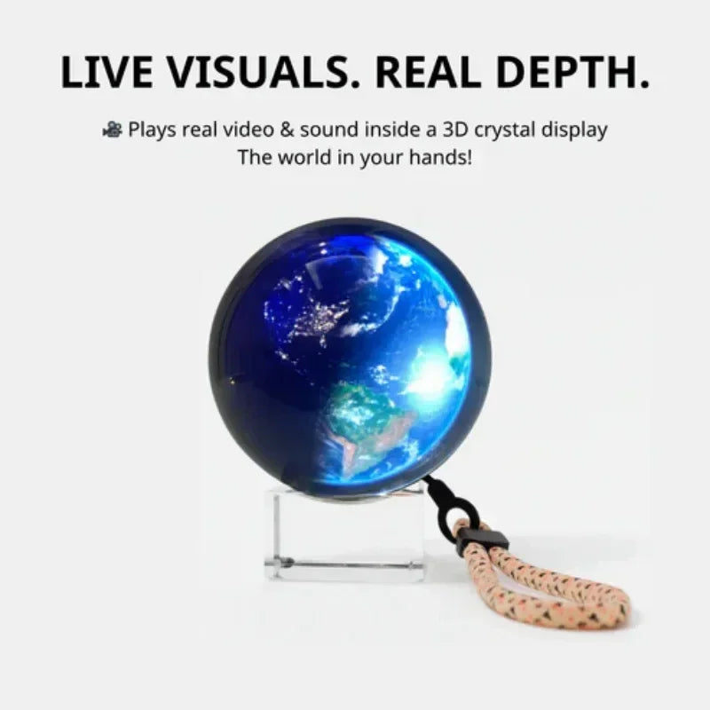 3D crystal sphere with Earth design, futuristic tech accessory, clear lanyard attached