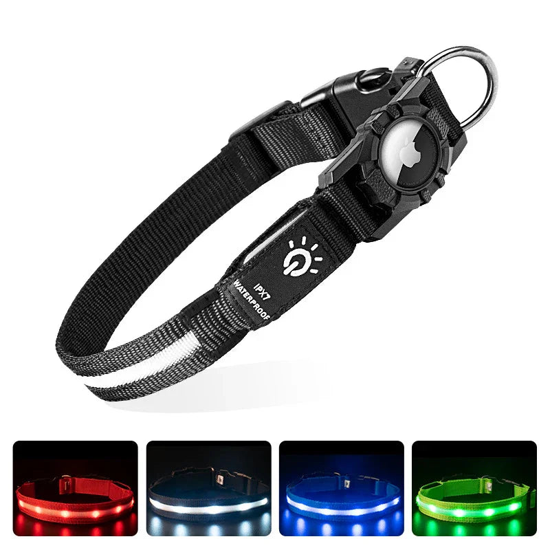 Adjustable black nylon LED dog collar with reflective strip, waterproof and multi-color lights