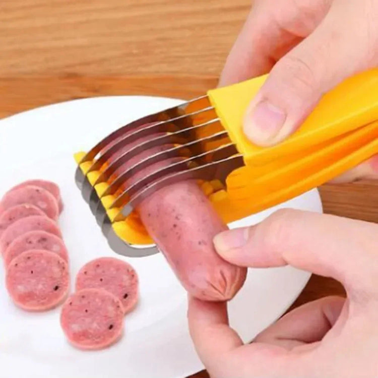 Hand using yellow multi-blade slicer to cut sausage into even round slices on white plate