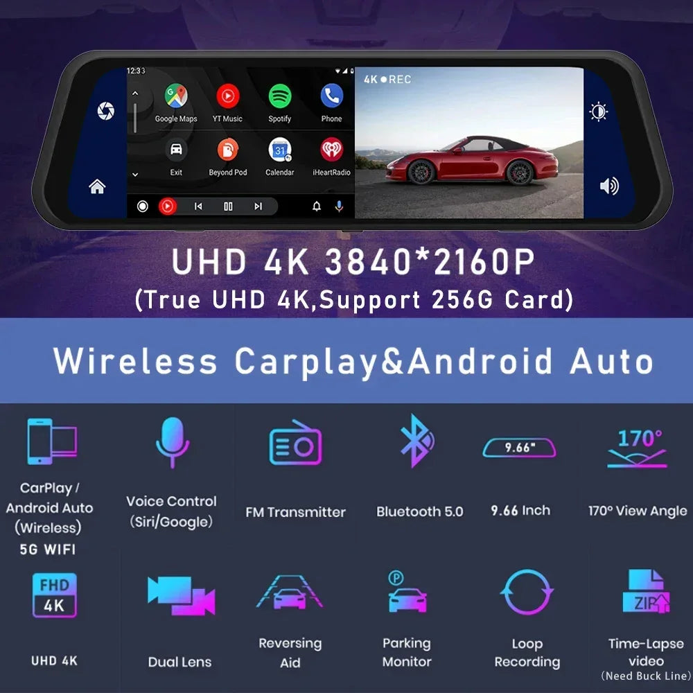 4K 9.66 inch smart dash cam with wireless CarPlay, Android Auto, dual lens, Bluetooth, parking aid.