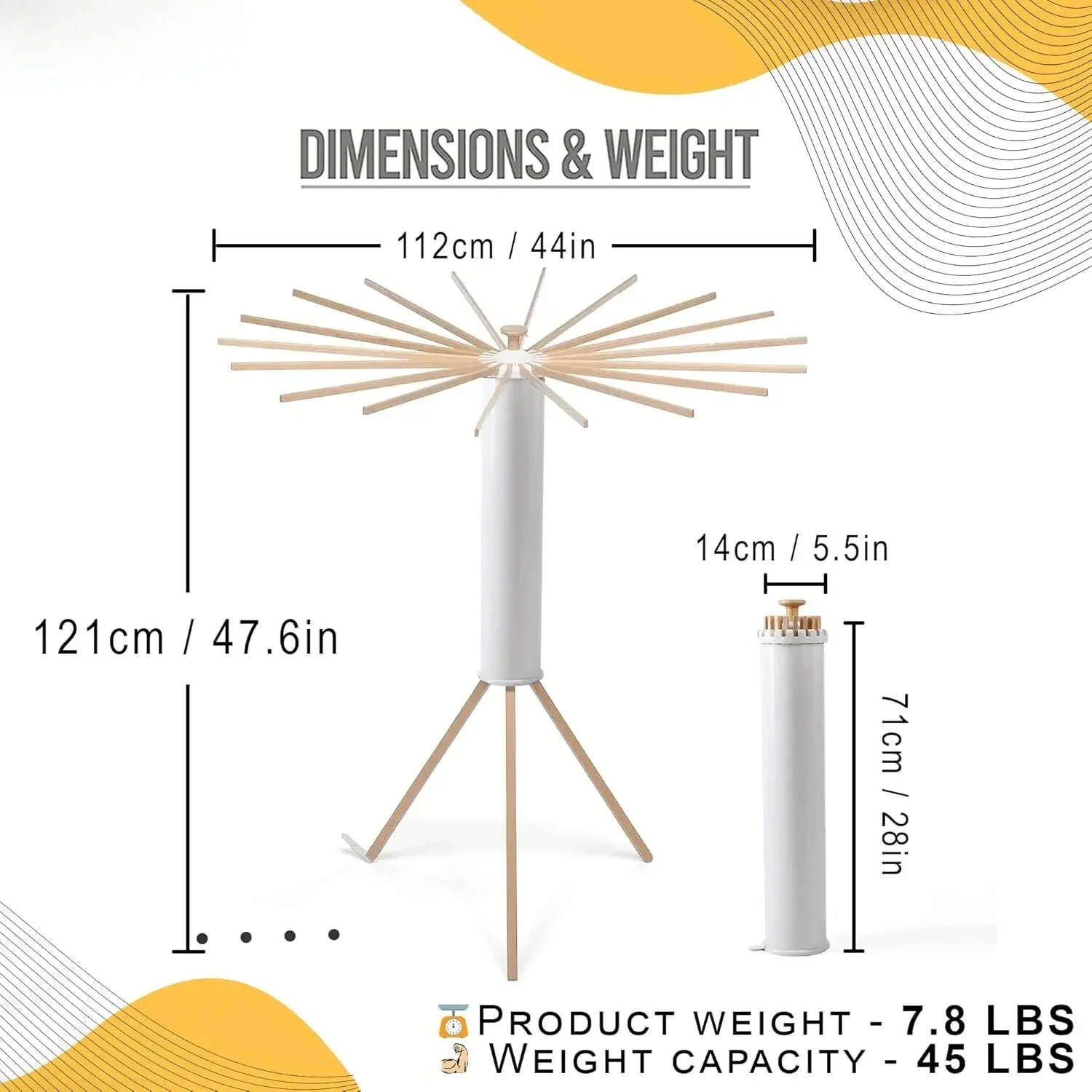 Collapsible wooden and metal drying rack with tripod legs, shown with size measurements.
