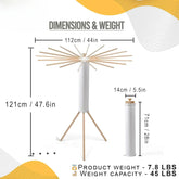Collapsible wooden and metal drying rack with tripod legs, shown with size measurements.
