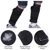 Black adjustable leg protectors with fastener tape and metal buckle, made of breathable fabric