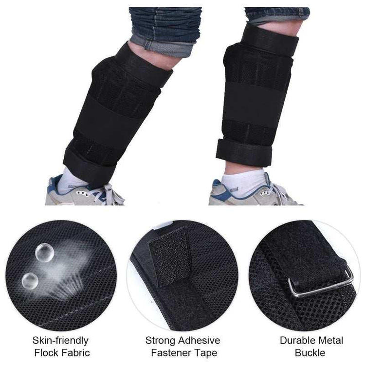 Black adjustable leg protectors with fastener tape and metal buckle, made of breathable fabric