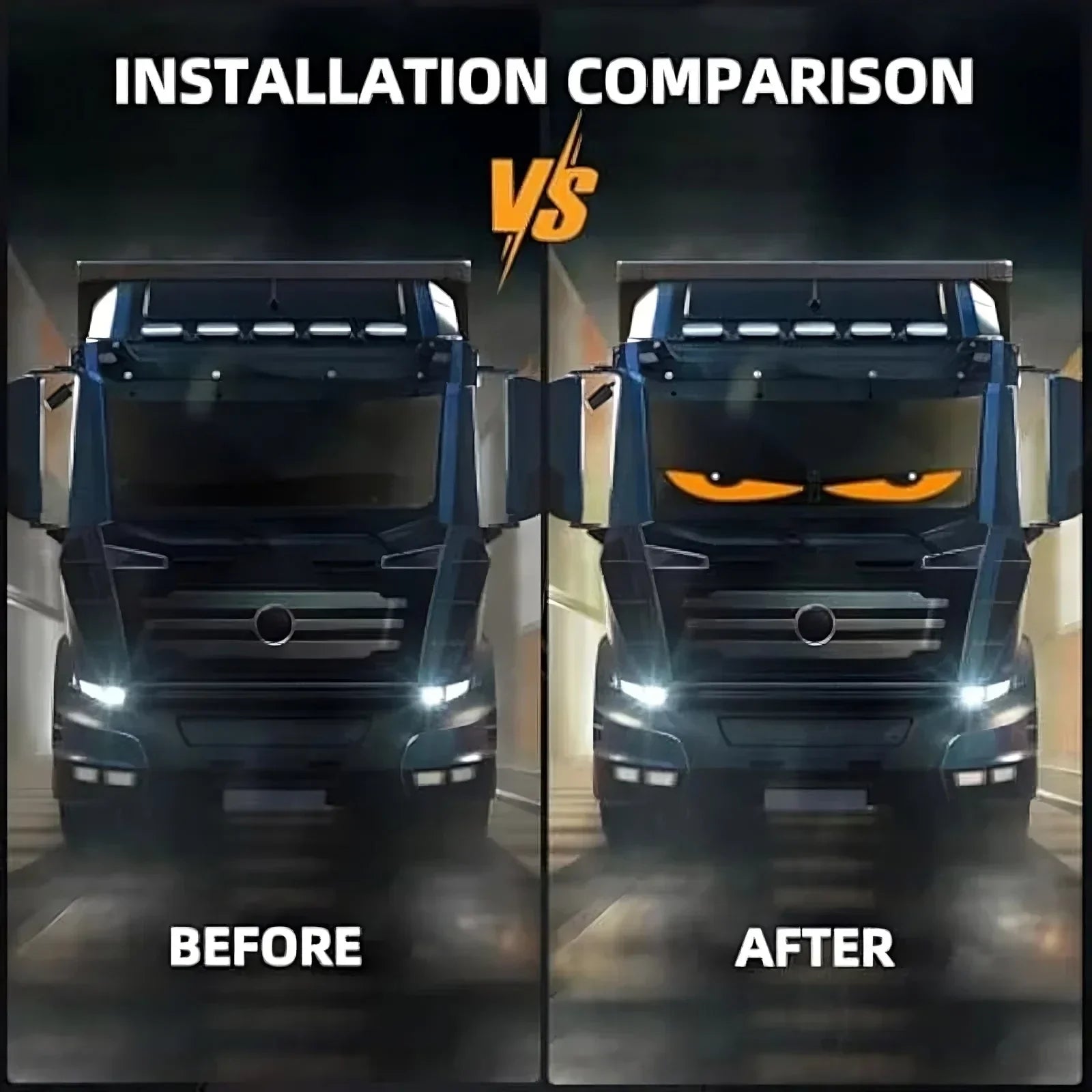 Truck front view installation comparison, before and after headlight eyebrow decal, aggressive look.