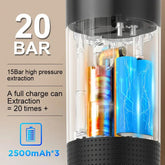Transparent portable espresso machine showing internal battery, high-pressure pump, and extraction details.