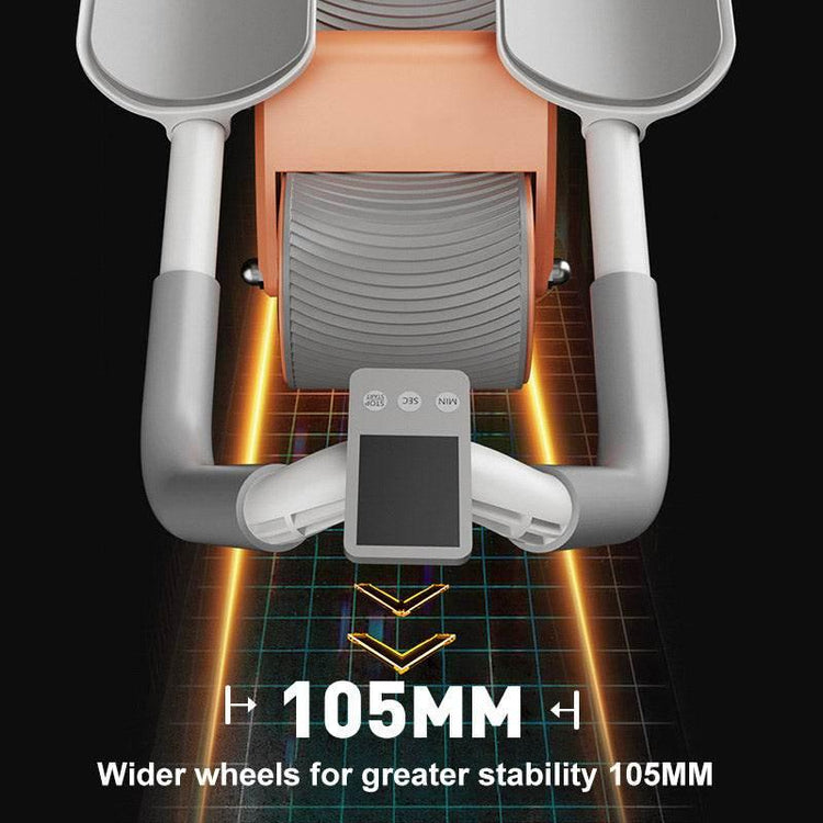 Wide 105mm orange and gray exercise wheel with ergonomic foam handles and digital display
