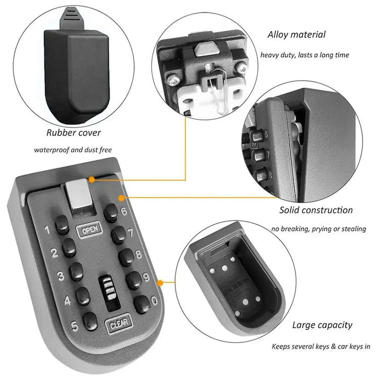 Gray alloy key lock box with waterproof rubber cover, solid build, numbered keypad, large compartment