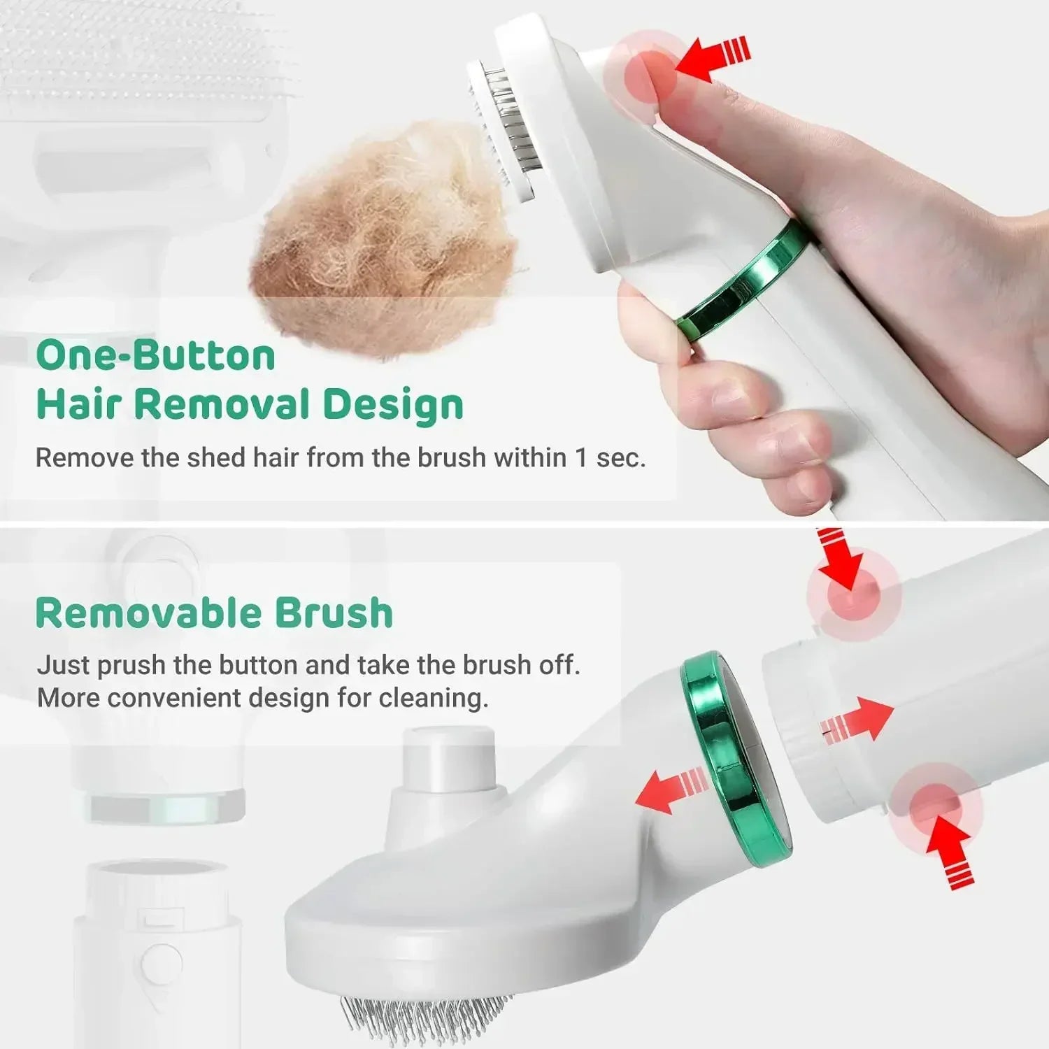 White pet grooming brush with green trim, showing one-button hair removal and removable brush head.