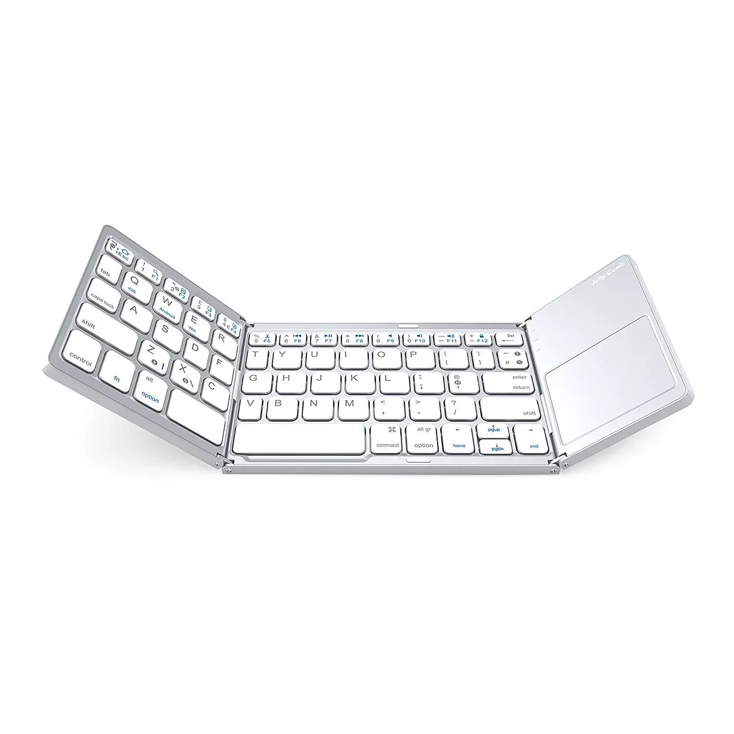 White folding wireless keyboard with built-in touchpad, compact and portable design