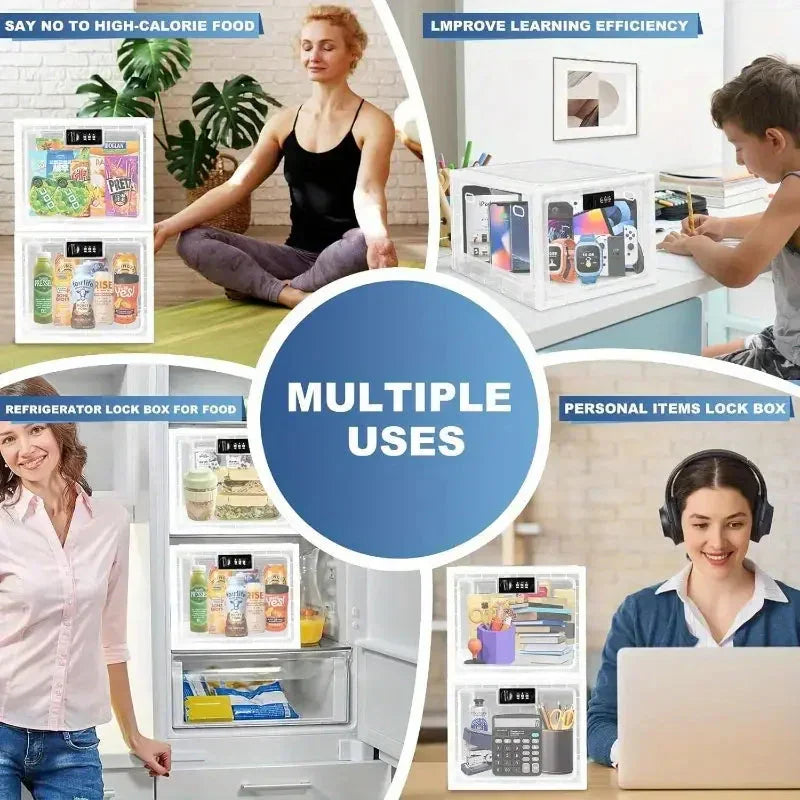 Clear lock box for refrigerator food storage, electronics, and personal items, shown in home and office settings.