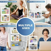 Clear lock box for refrigerator food storage, electronics, and personal items, shown in home and office settings.