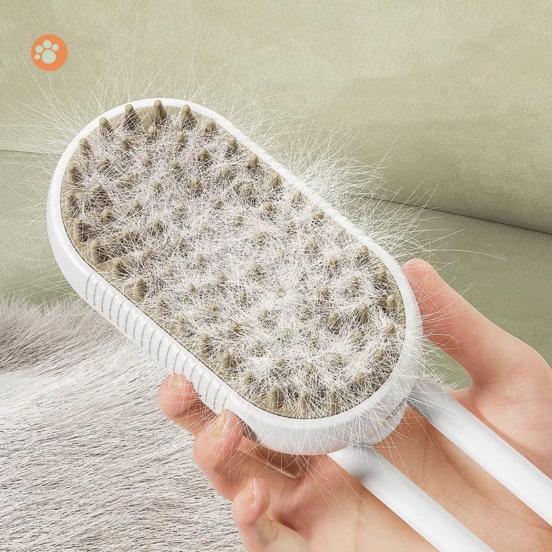 Close-up of a white pet grooming brush with bristles full of shed fur, ergonomic handle