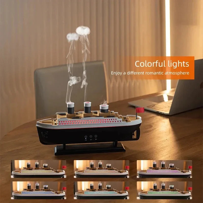 Model ship-shaped humidifier with colorful LED lights and visible steam on wooden table