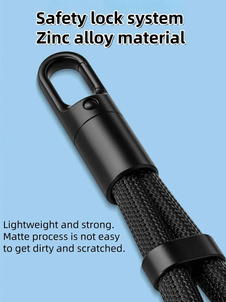 Black zinc alloy safety lock carabiner with braided rope, matte finish, lightweight and durable