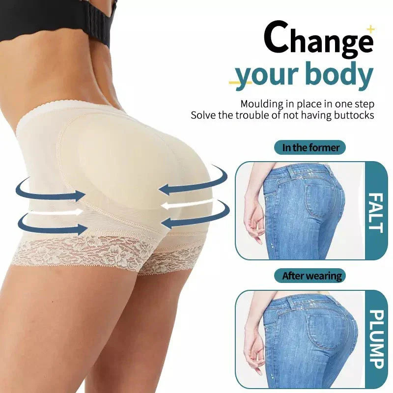 Beige padded shapewear shorts with lace trim, body-enhancing fit, shown before and after under jeans.