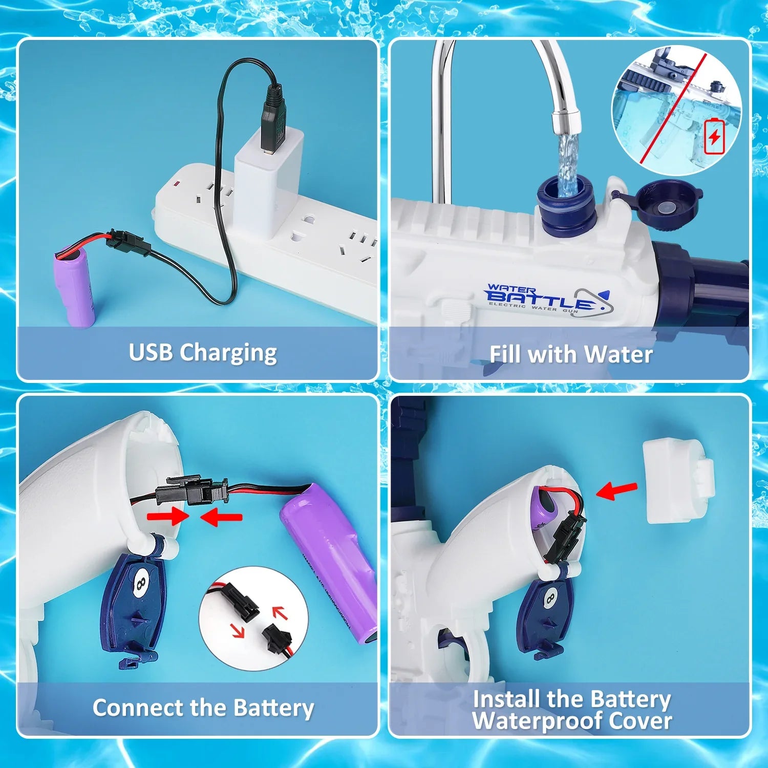 Step-by-step guide showing how to charge, fill, and insert the battery in a white and blue electric water gun.