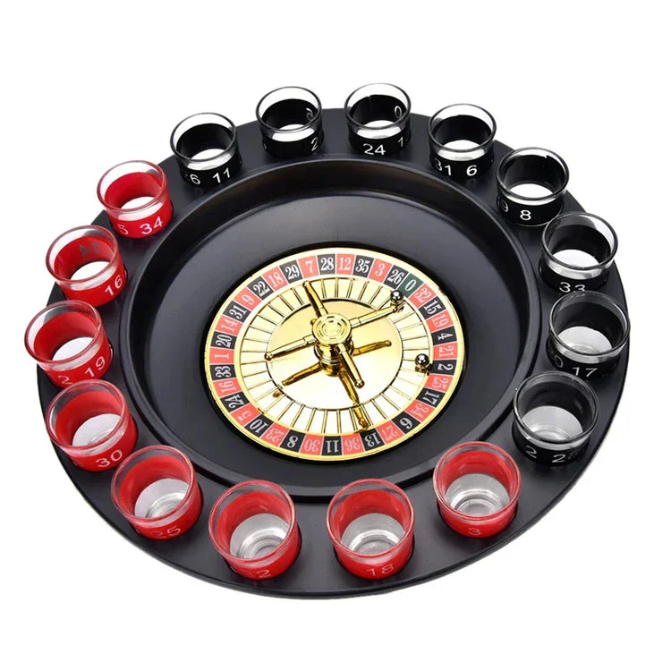Black and gold roulette drinking game set with numbered shot glasses, party accessory