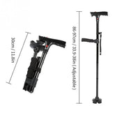 Black adjustable folding walking cane with ergonomic handle and non-slip base, shown folded and extended.