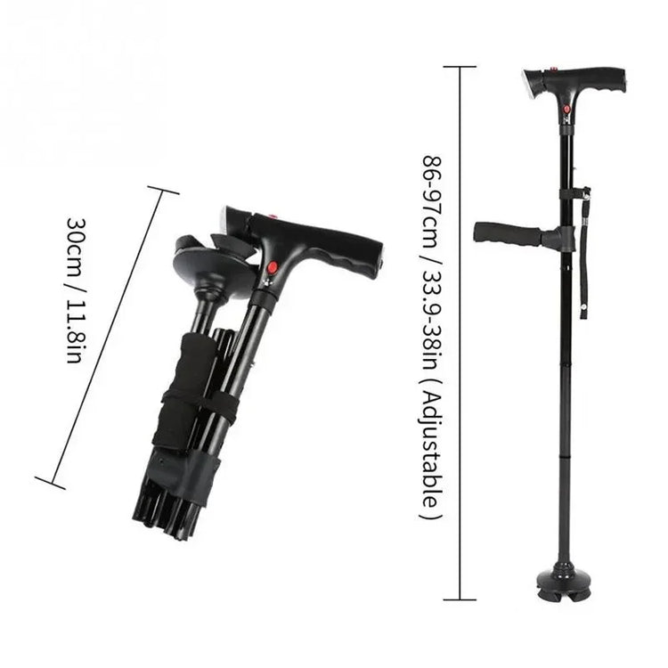 Black adjustable folding walking cane with ergonomic handle and non-slip base, shown folded and extended.