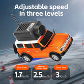 Orange and white RC SUV toy car with adjustable speed settings, shown on a racetrack background.