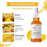 Vitamin C serum in amber dropper bottle with orange slice, highlighting natural ingredients like glycerin and hydroxy methyl for moisturizing and skin repair.