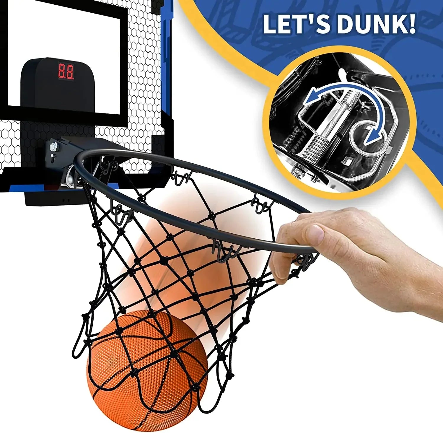 Mini basketball hoop with black net, breakaway rim, and orange ball for indoor play.