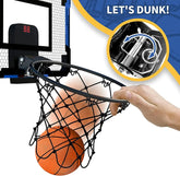 Mini basketball hoop with black net, breakaway rim, and orange ball for indoor play.