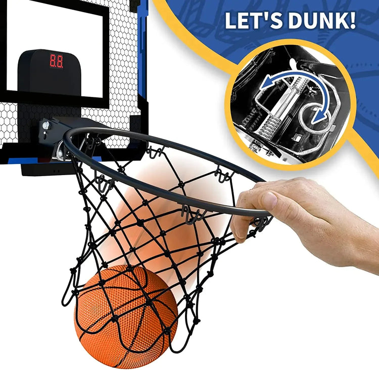 Mini basketball hoop with black net, breakaway rim, and orange ball for indoor play.