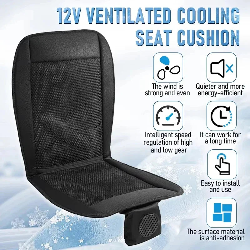 Black ventilated cooling seat cushion with mesh material and ergonomic fit, designed for comfort and breathability.