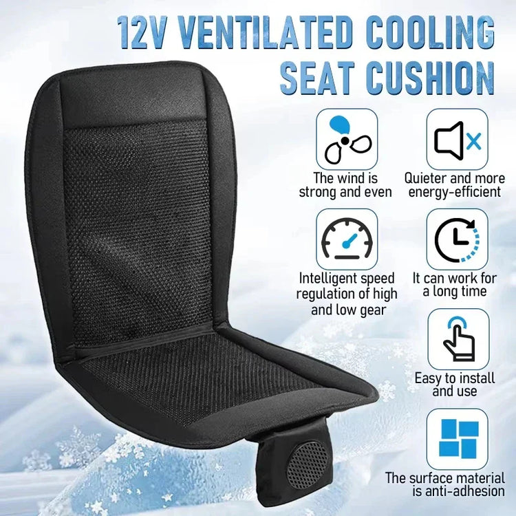 Black ventilated cooling seat cushion with mesh material and ergonomic fit, designed for comfort and breathability.