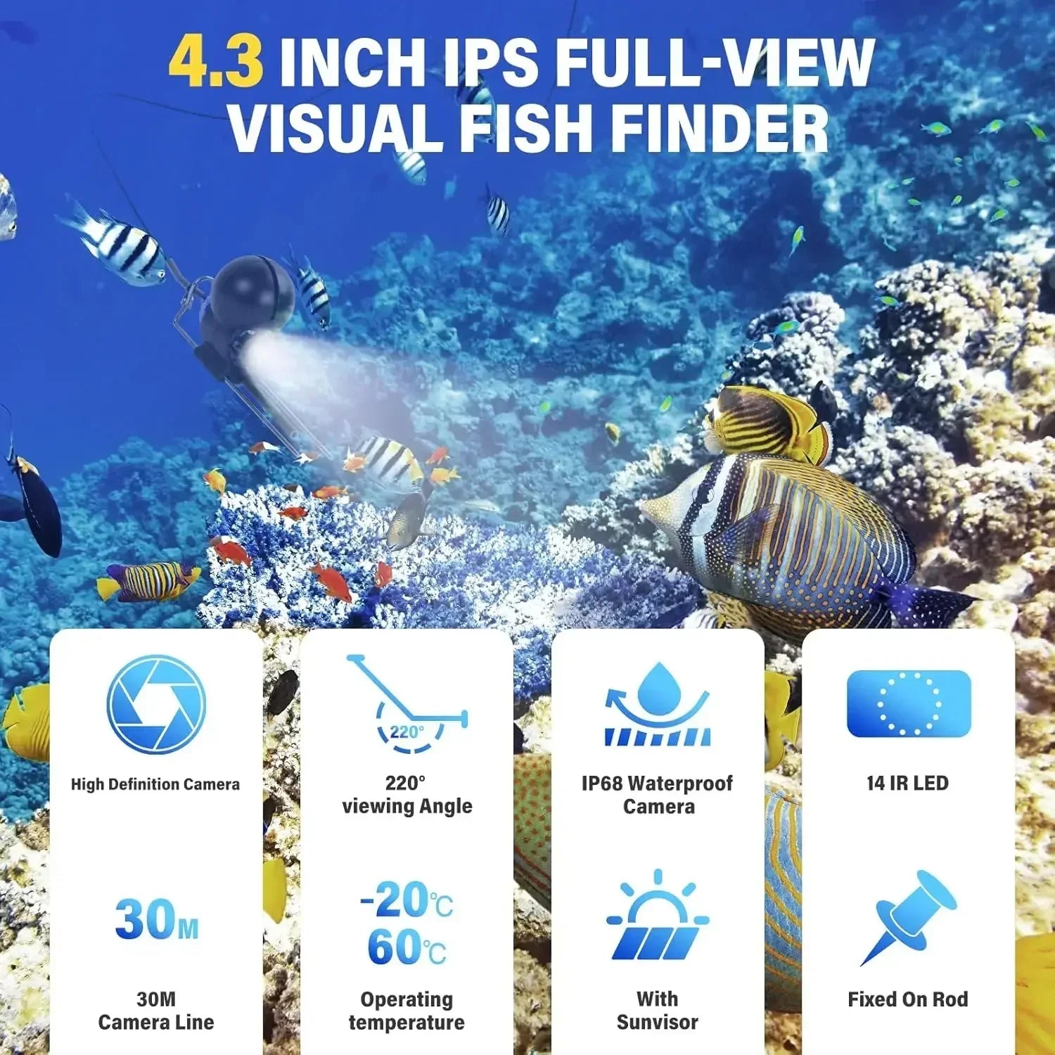 Underwater camera fish finder with 4.3 inch display, showing vibrant coral reef and tropical fish.