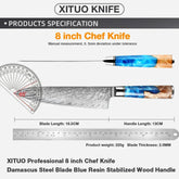 8 inch chef knife with Damascus steel blade and blue resin wood handle, blade length 18.5cm, handle 13cm.