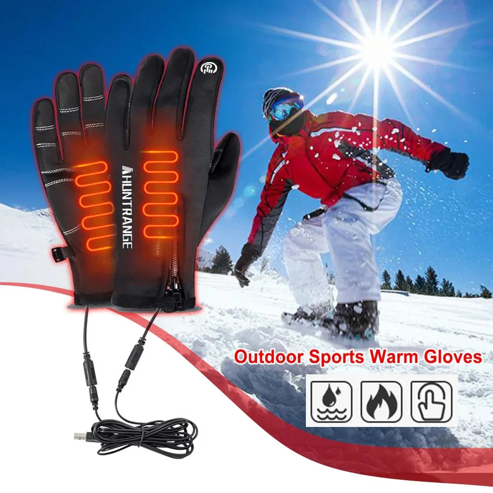 Black waterproof heated winter gloves with touchscreen feature, ideal for outdoor snow sports.