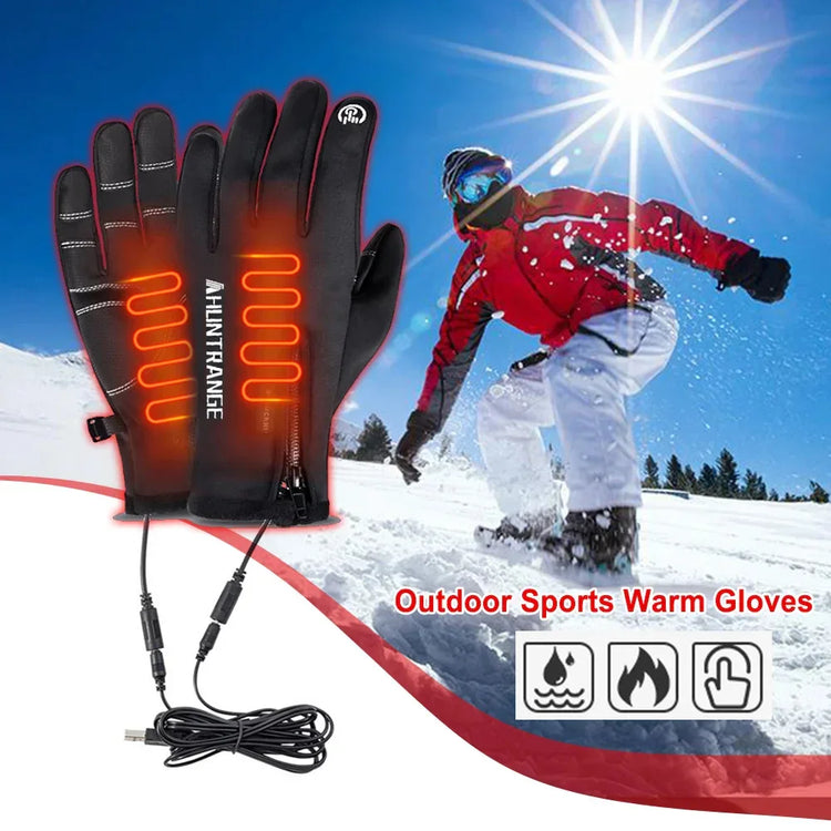 Black waterproof heated winter gloves with touchscreen feature, ideal for outdoor snow sports.