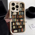 Beige phone case with colorful bookshelf print, hard plastic material, slim fit design