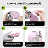 Step-by-step guide to using a collapsible silicone pet bowl, showing setup and use.