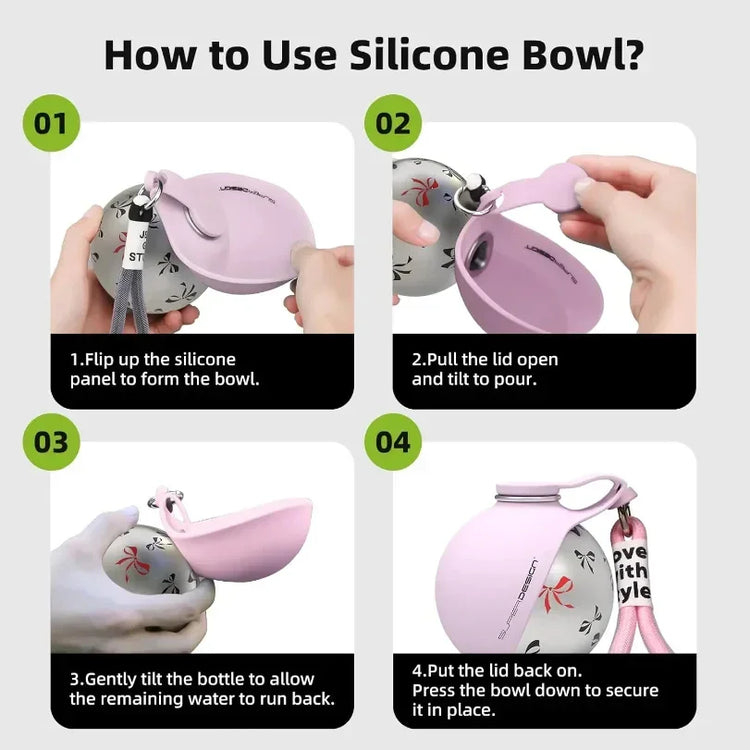 Step-by-step guide to using a collapsible silicone pet bowl, showing setup and use.