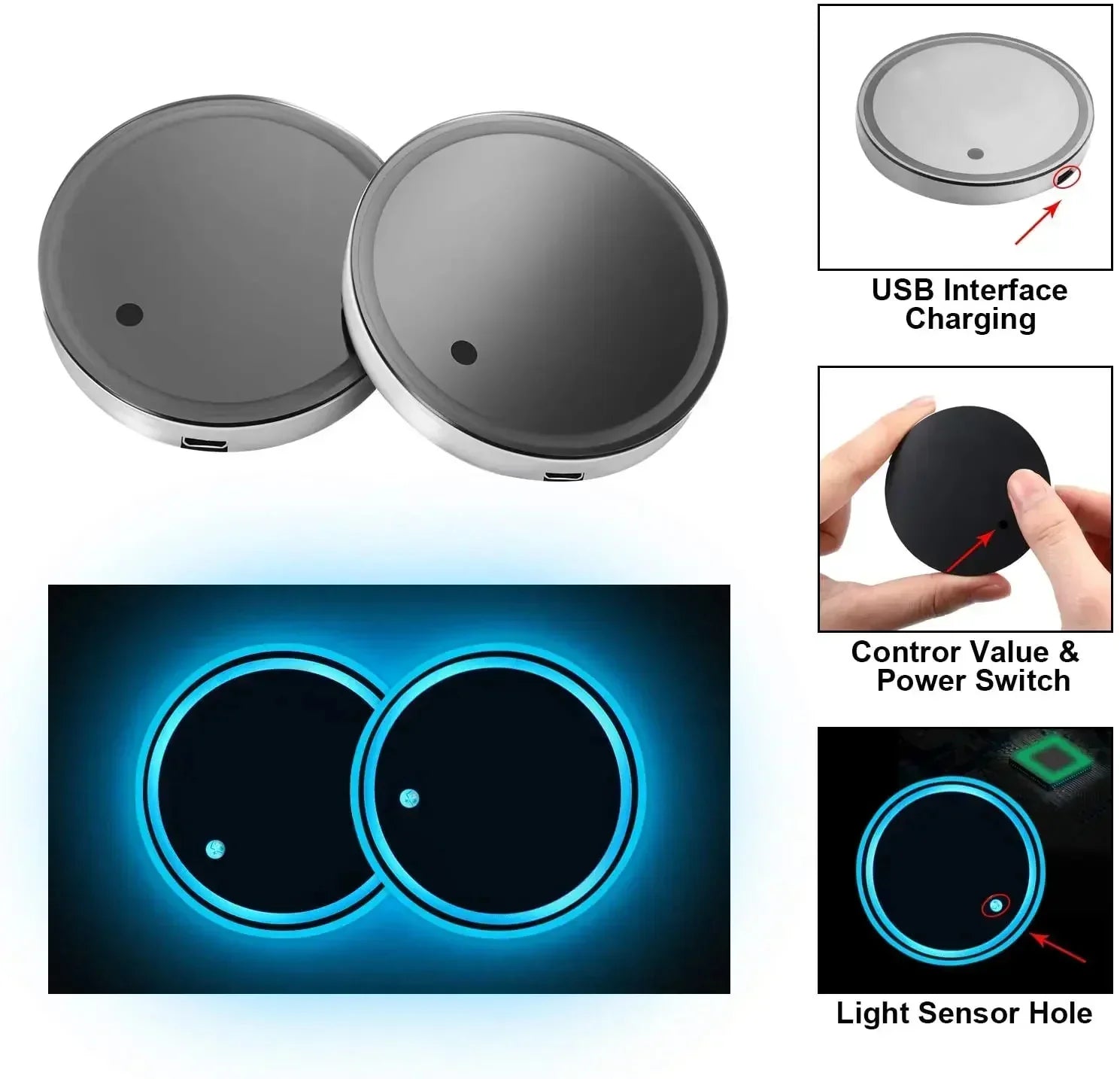 Pair of round, black and silver LED touch lights with USB charging, power switch, and blue glow effect.