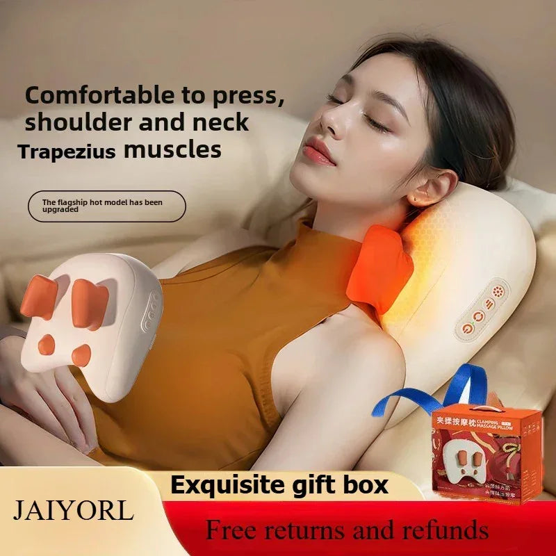 Woman wearing a sleeveless orange top, relaxing with a beige and orange neck and shoulder massager pillow.