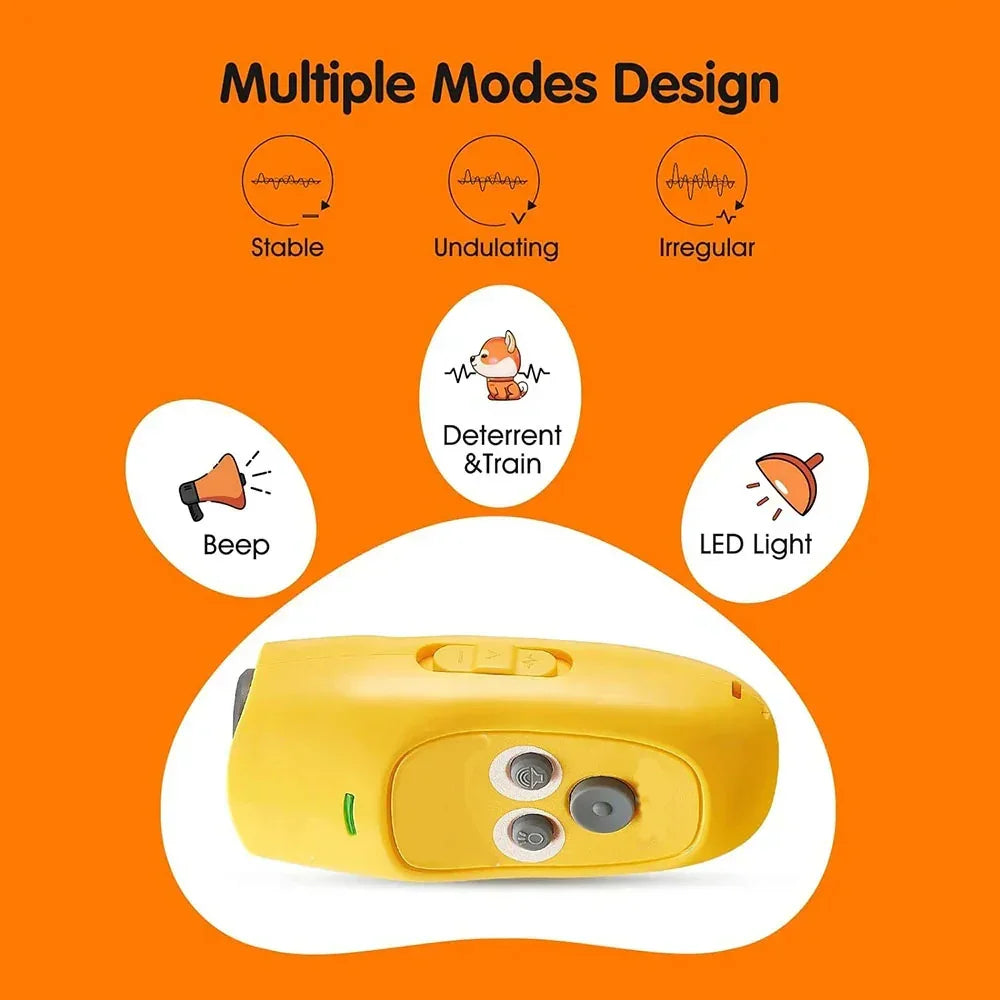 Yellow handheld device with buttons, featuring beep, LED light, and training modes, on orange background.