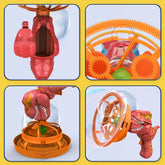 Close-up of a dinosaur-shaped bubble gun in orange and pink plastic with gear details