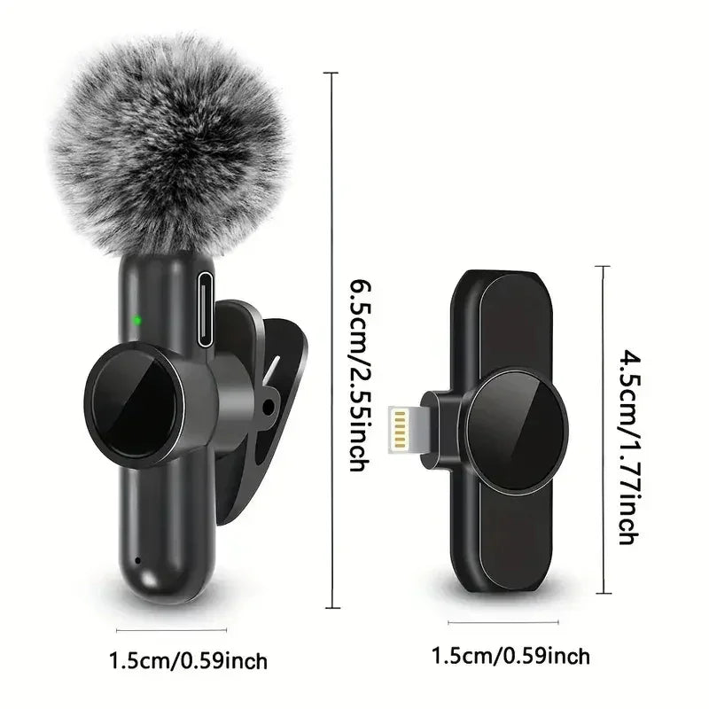 Compact wireless microphone with furry windscreen and USB receiver, black material, size dimensions shown.