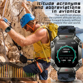 Man in yellow sleeveless vest, black shorts, and blue helmet rock climbing, wearing a rugged digital smartwatch.