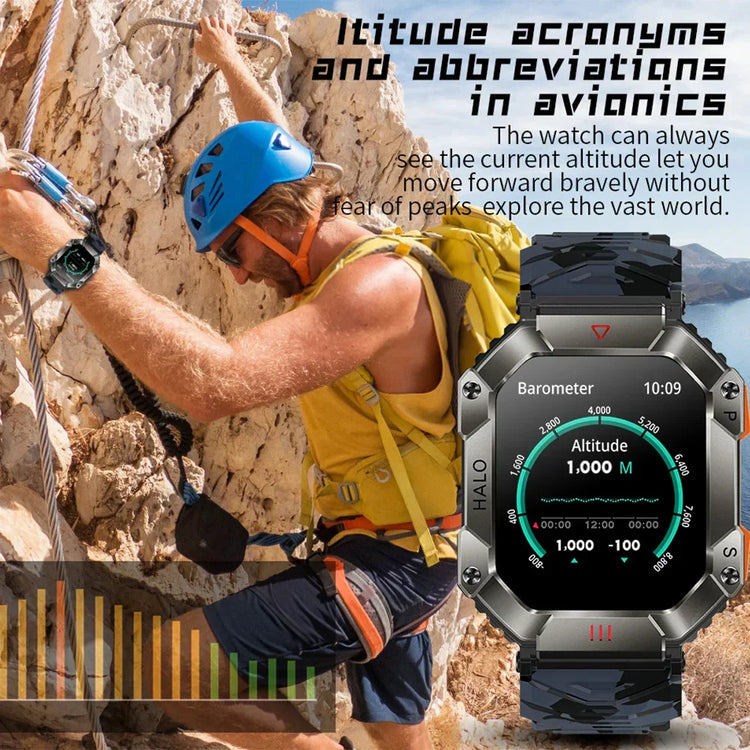 Man in yellow sleeveless vest, black shorts, and blue helmet rock climbing, wearing a rugged digital smartwatch.