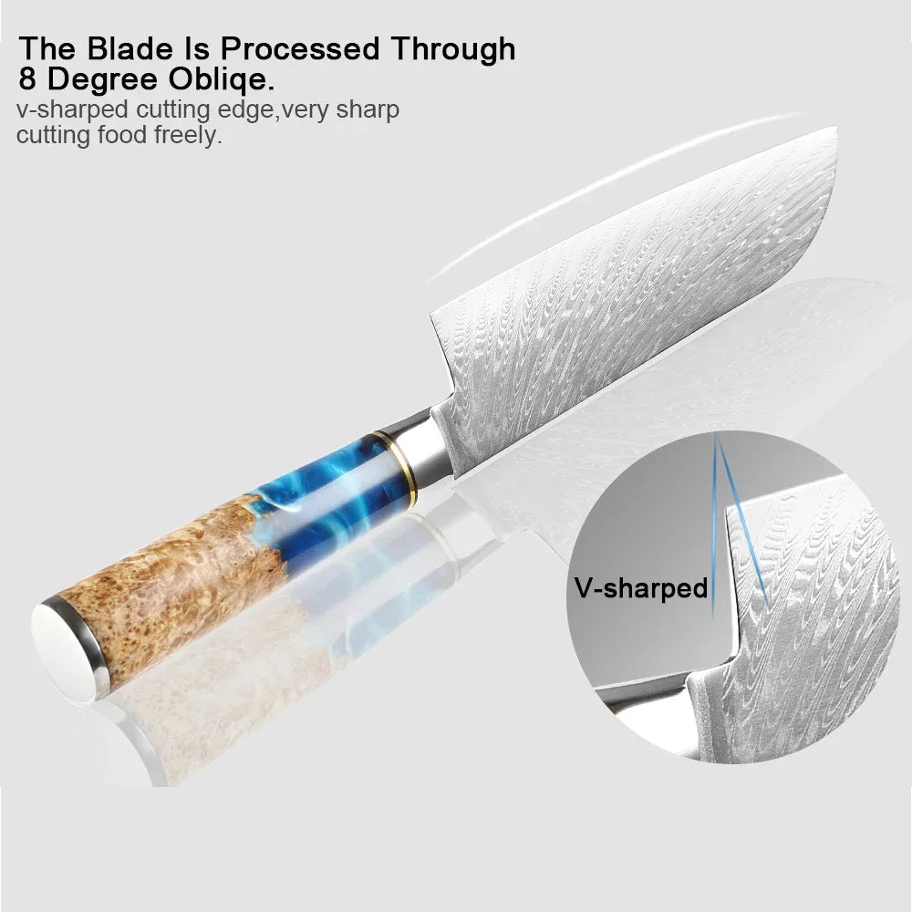 Chef knife with Damascus steel blade, V-shaped edge, and blue resin wood handle, close-up view